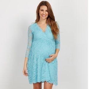 Blue Lace Overlay Wrap Maternity Dress
